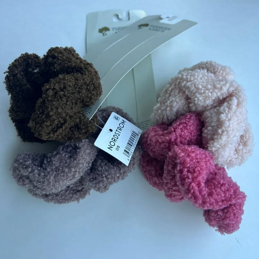 Nordstrom Girls Seasonal Style Fleece Teddy Fuzzy Scrunchies 4-pack Brown Pink
